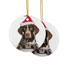 DistinctInk Hanging Ceramic Christmas Tree Ornament with Gold String - Great Gift/Present - 2 3/4 inch Diameter - German Shorthaired Pointer Puppy Design