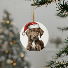 DistinctInk Hanging Ceramic Christmas Tree Ornament with Gold String - Great Gift/Present - 2 3/4 inch Diameter - Plott Hound Puppy Drawing Design
