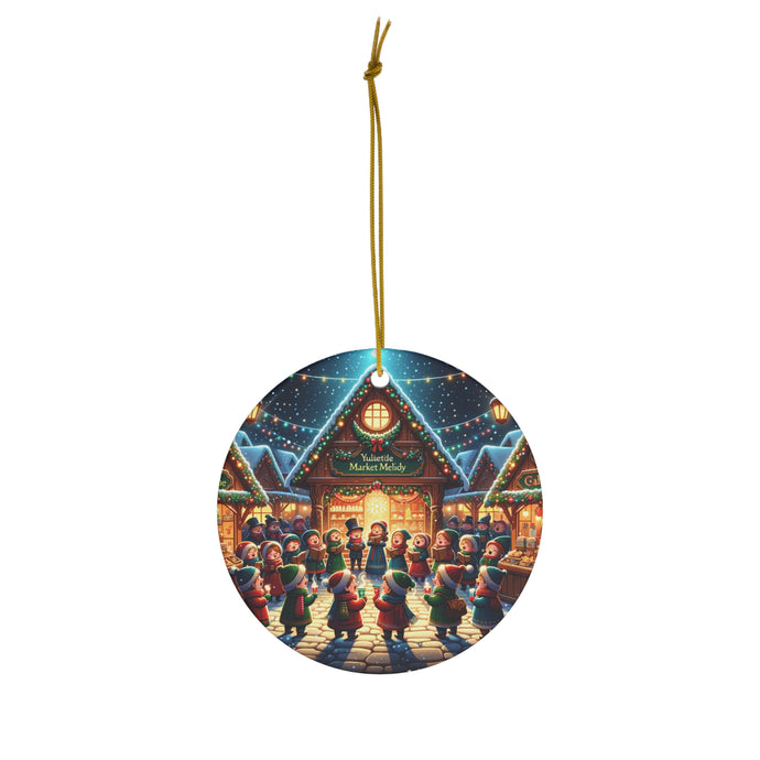 DistinctInk Hanging Ceramic Christmas Tree Ornament Charm with Gold String - Great Gift/Present - 2 3/4 inch Diameter - Yuletide Market Melody