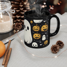 DistinctInk Black Coffee Mug - Skeletal Ghostly Pumpkin Fun for Halloween