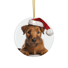 DistinctInk Hanging Ceramic Christmas Tree Ornament with Gold String - Great Gift/Present - 2 3/4 inch Diameter - Irish Terrier Puppy Design