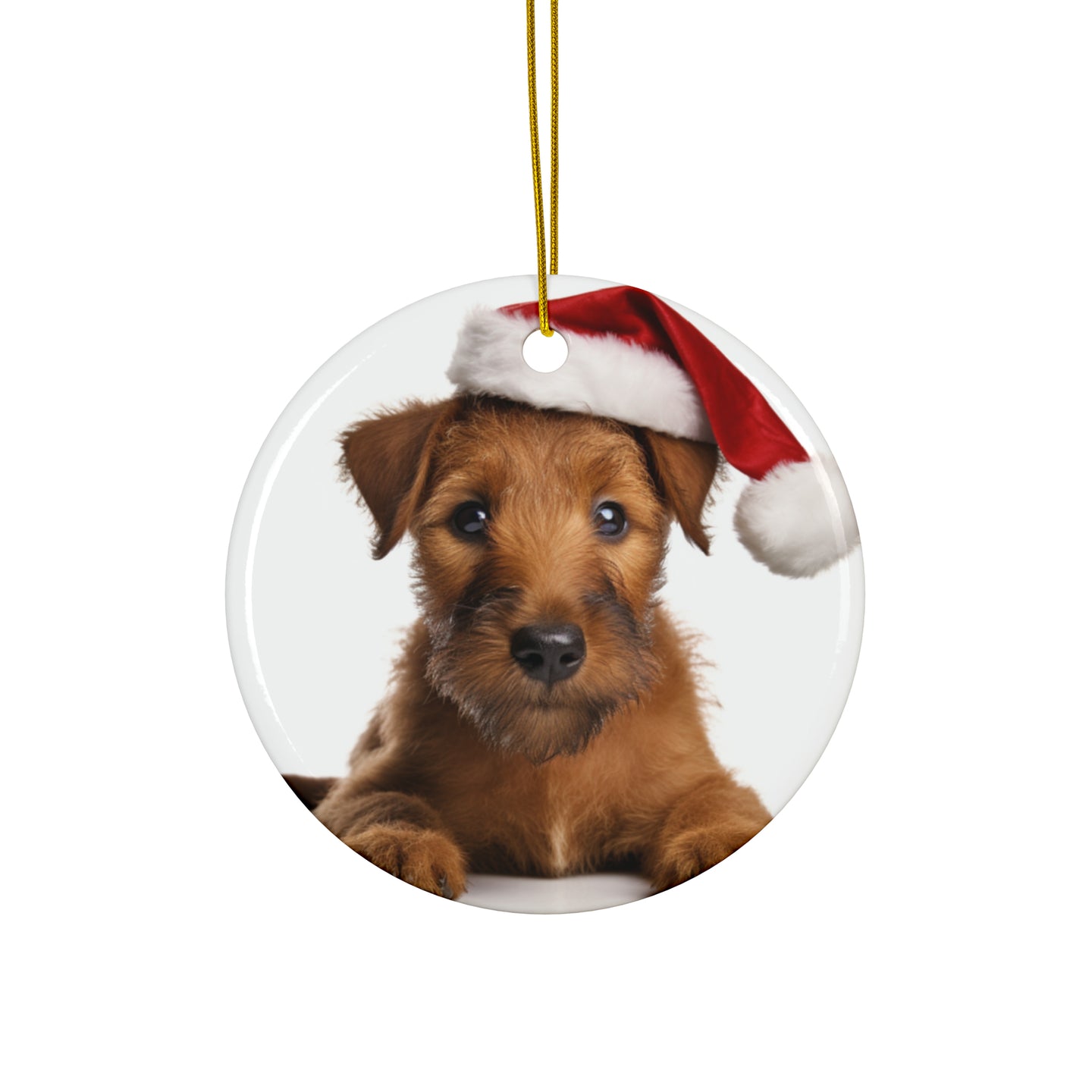 DistinctInk Hanging Ceramic Christmas Tree Ornament with Gold String - Great Gift/Present - 2 3/4 inch Diameter - Irish Terrier Puppy Design