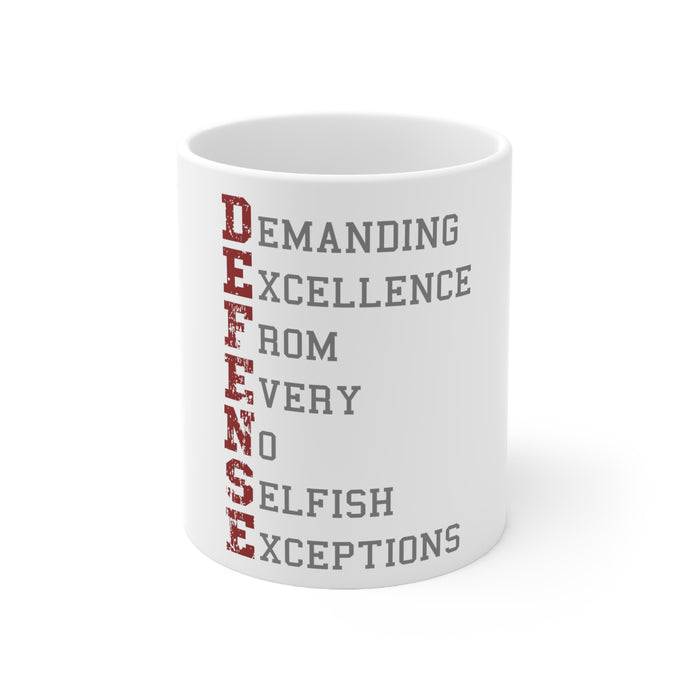 DistinctInk Glossy White Coffee / Tea Mug - DEFENSE Demanding Excellence