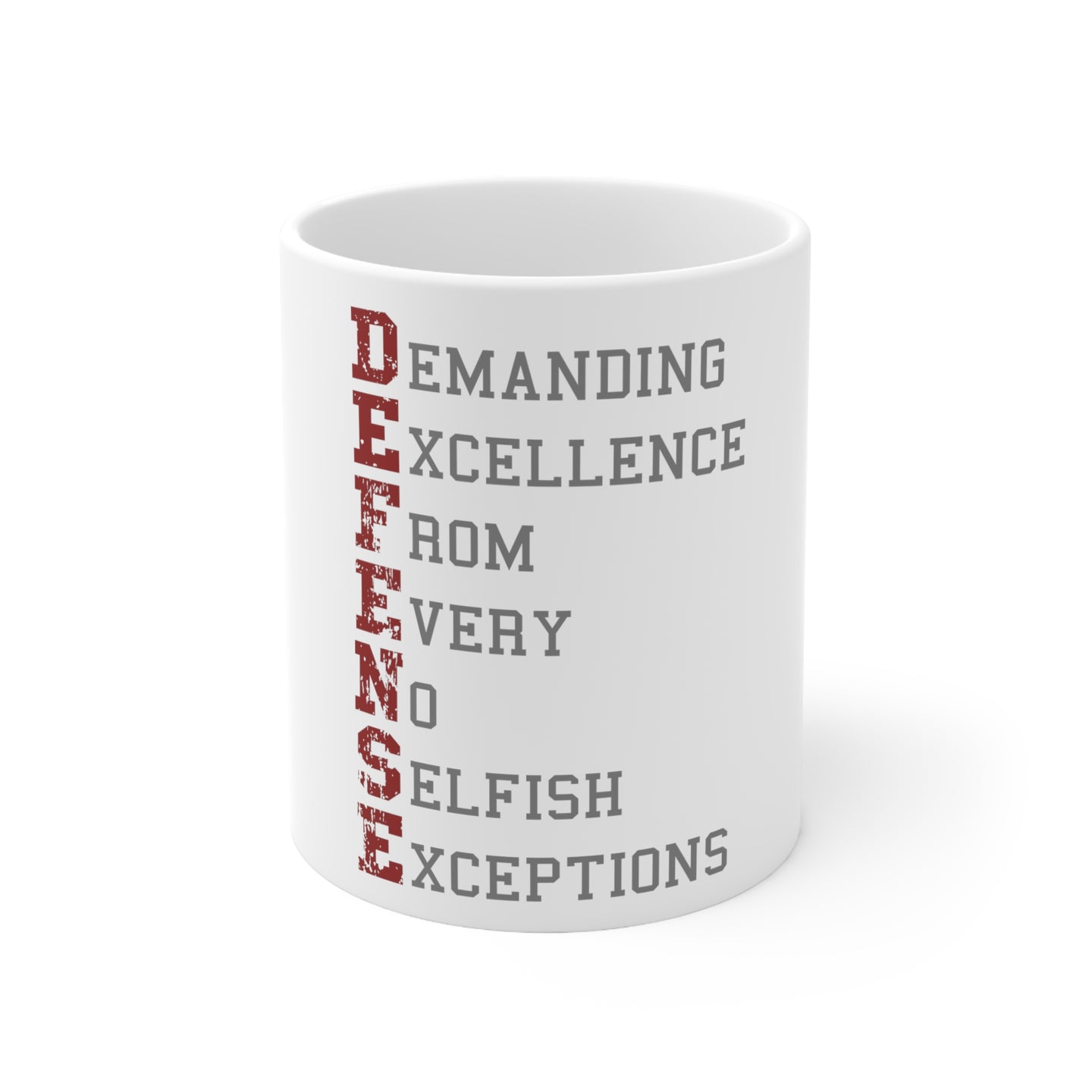DistinctInk Glossy White Coffee / Tea Mug - DEFENSE Demanding Excellence