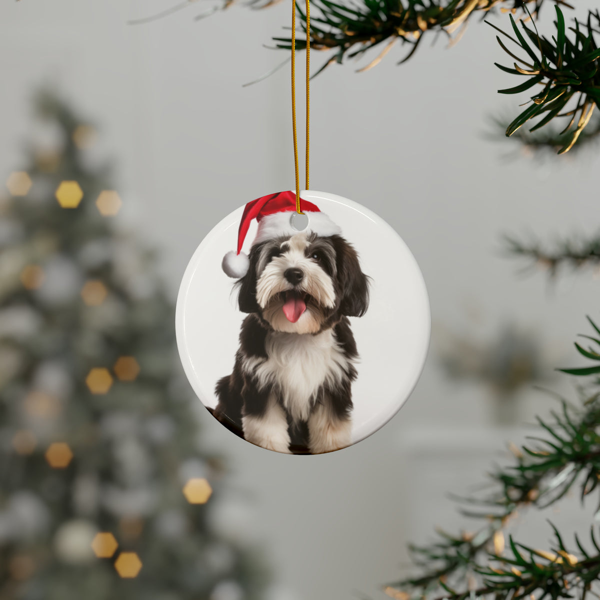 Hanging Ceramic Christmas Tree Ornament with Gold String - Tibetan Terrier Design, view 3