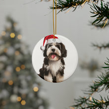 DistinctInk Hanging Ceramic Christmas Tree Ornament with Gold String - Great Gift/Present - 2 3/4 inch Diameter - Tibetan Terrier Design