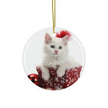 DistinctInk Hanging Ceramic Christmas Tree Ornament with Gold String - Great Gift/Present - 2 3/4 inch Diameter - Turkish Angora Kitten Design