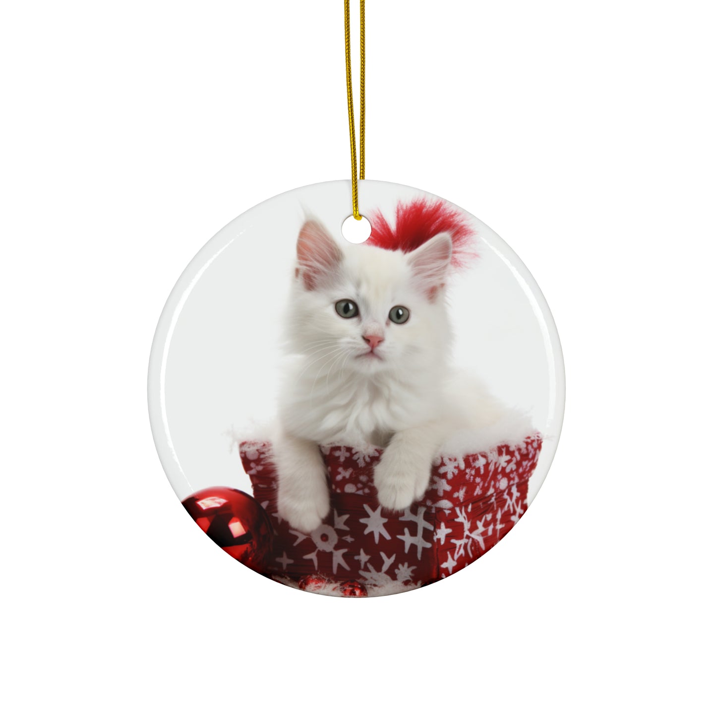 DistinctInk Hanging Ceramic Christmas Tree Ornament with Gold String - Great Gift/Present - 2 3/4 inch Diameter - Turkish Angora Kitten Design