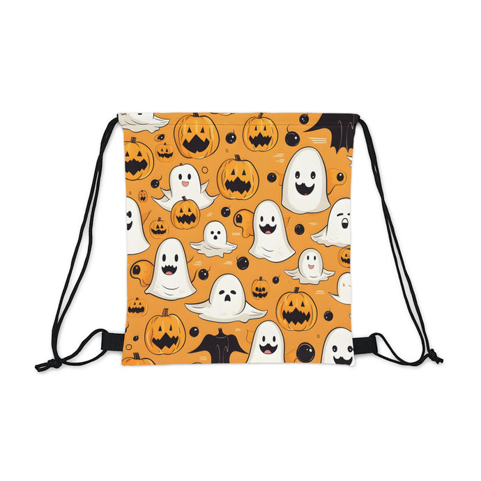 DistinctInk Drawstring Bag Backpack with Ghoulish Bats and Pumpkins Design for Halloween