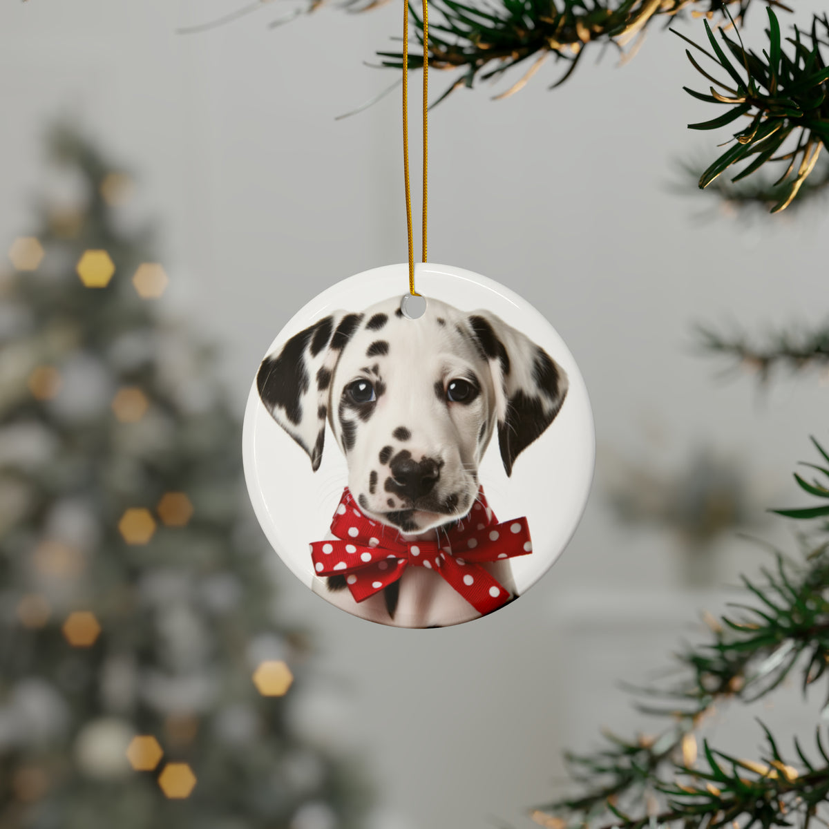 Hanging Ceramic Christmas Tree Ornament with Gold String - Dalmatian Puppy Design, view 3