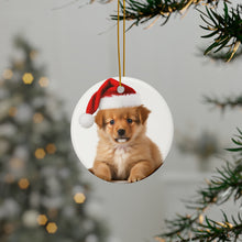 DistinctInk Hanging Ceramic Christmas Tree Ornament with Gold String - Great Gift/Present - 2 3/4 inch Diameter - Komondorok Puppy Design