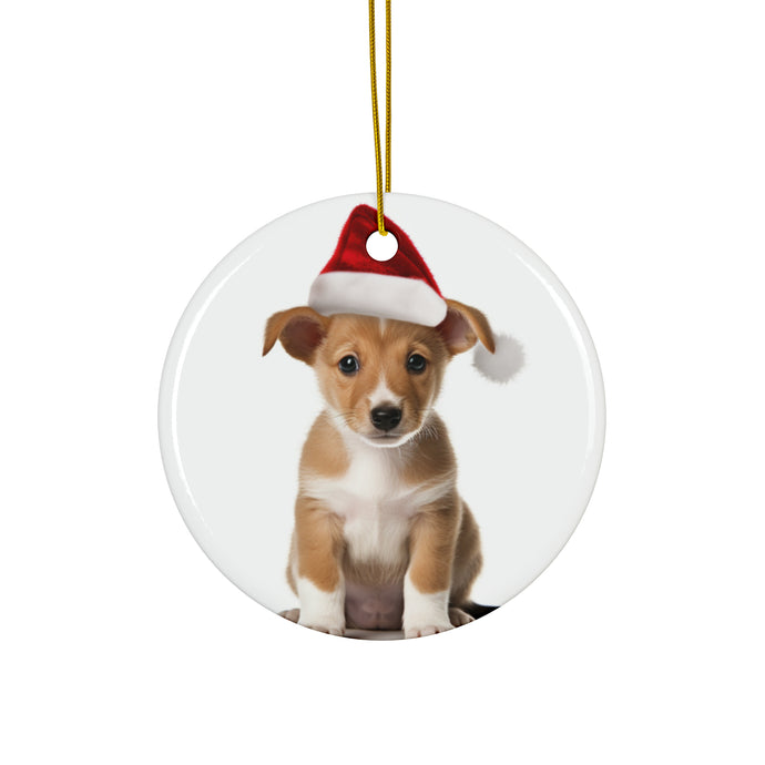DistinctInk Hanging Ceramic Christmas Tree Ornament with Gold String - Great Gift/Present - 2 3/4 inch Diameter - Portuguese Podengo Pequeno Puppy Design