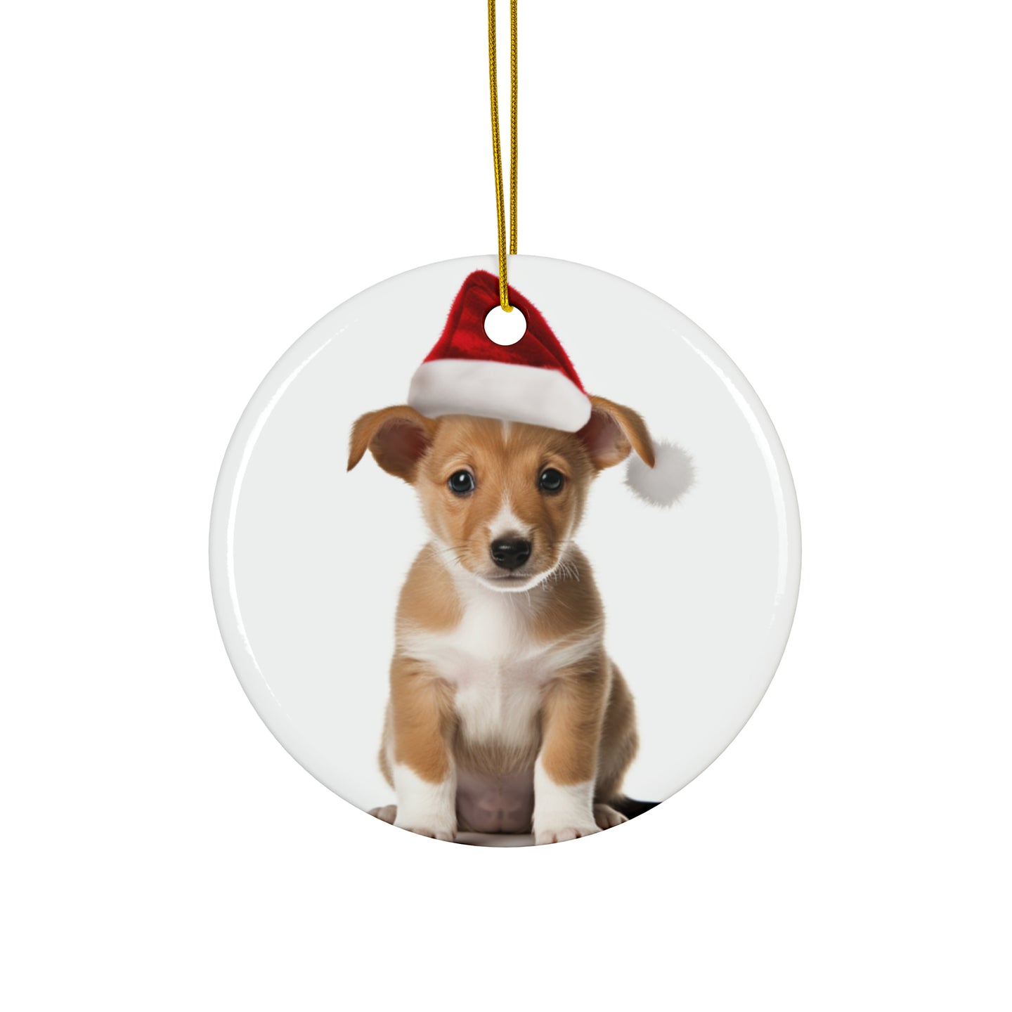 DistinctInk Hanging Ceramic Christmas Tree Ornament with Gold String - Great Gift/Present - 2 3/4 inch Diameter - Portuguese Podengo Pequeno Puppy Design