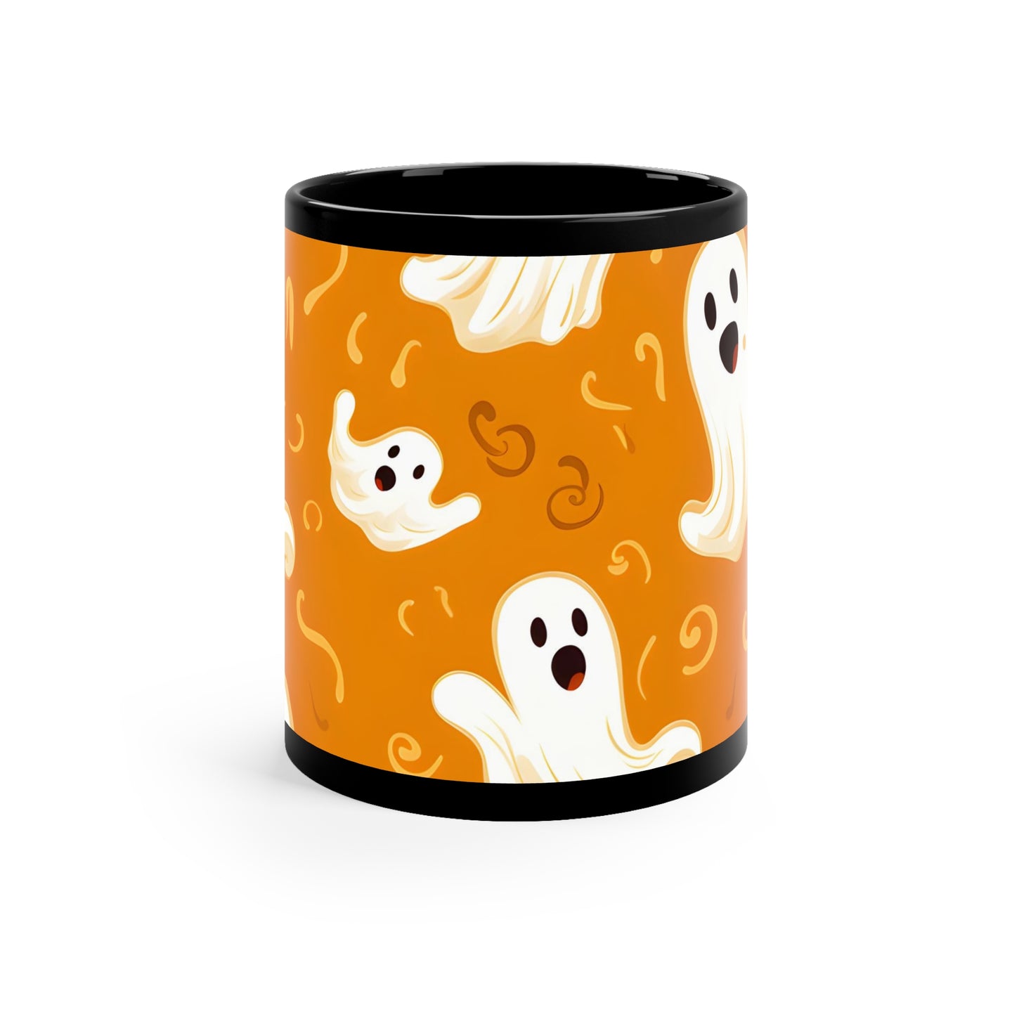 DistinctInk Black Coffee Mug - Ghost Skeleton Pumpkin Pattern for Halloween