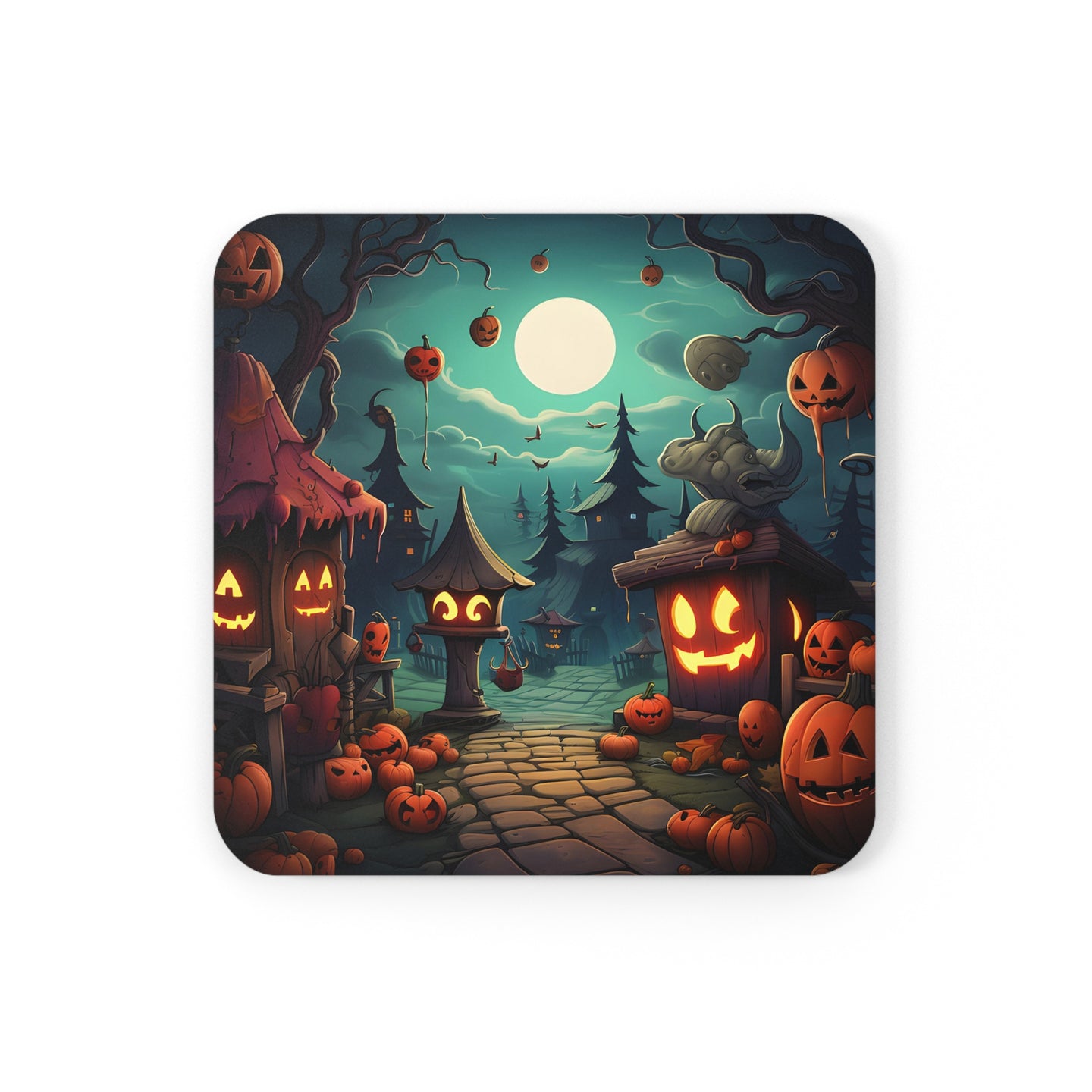 DistinctInk (Set of 4) Corkwood Coasters with Trick or Treat Fun Design for Halloween