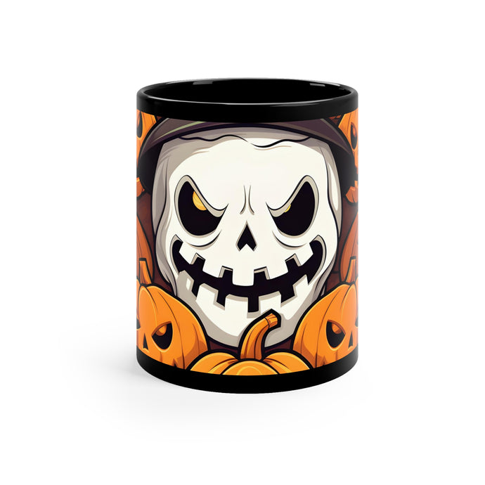 DistinctInk Black Coffee Mug - Spooky Skeleton Pumpkin Patch for Halloween