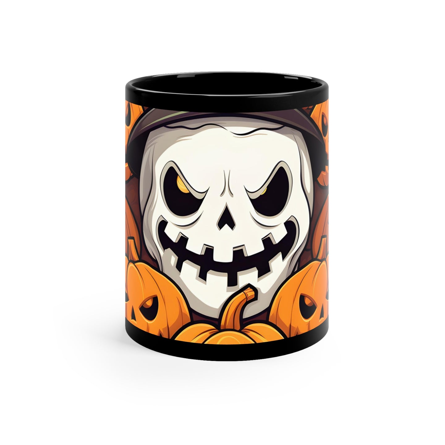 DistinctInk Black Coffee Mug - Spooky Skeleton Pumpkin Patch for Halloween