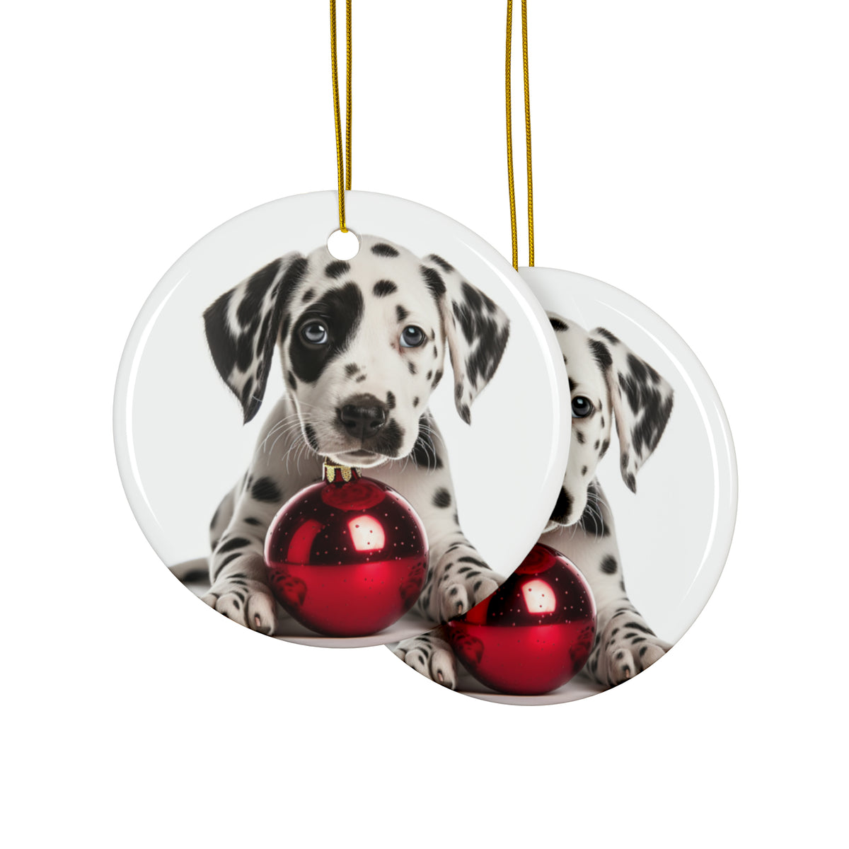 Hanging Ceramic Christmas Tree Ornament with Gold String - Dalmatian Puppy Design, view 2
