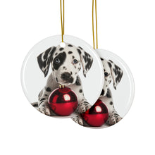DistinctInk Hanging Ceramic Christmas Tree Ornament with Gold String - Great Gift/Present - 2 3/4 inch Diameter - Dalmatian Puppy Design