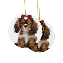 DistinctInk Hanging Ceramic Christmas Tree Ornament with Gold String - Great Gift/Present - 2 3/4 inch Diameter - English Toy Spaniel Puppy Design
