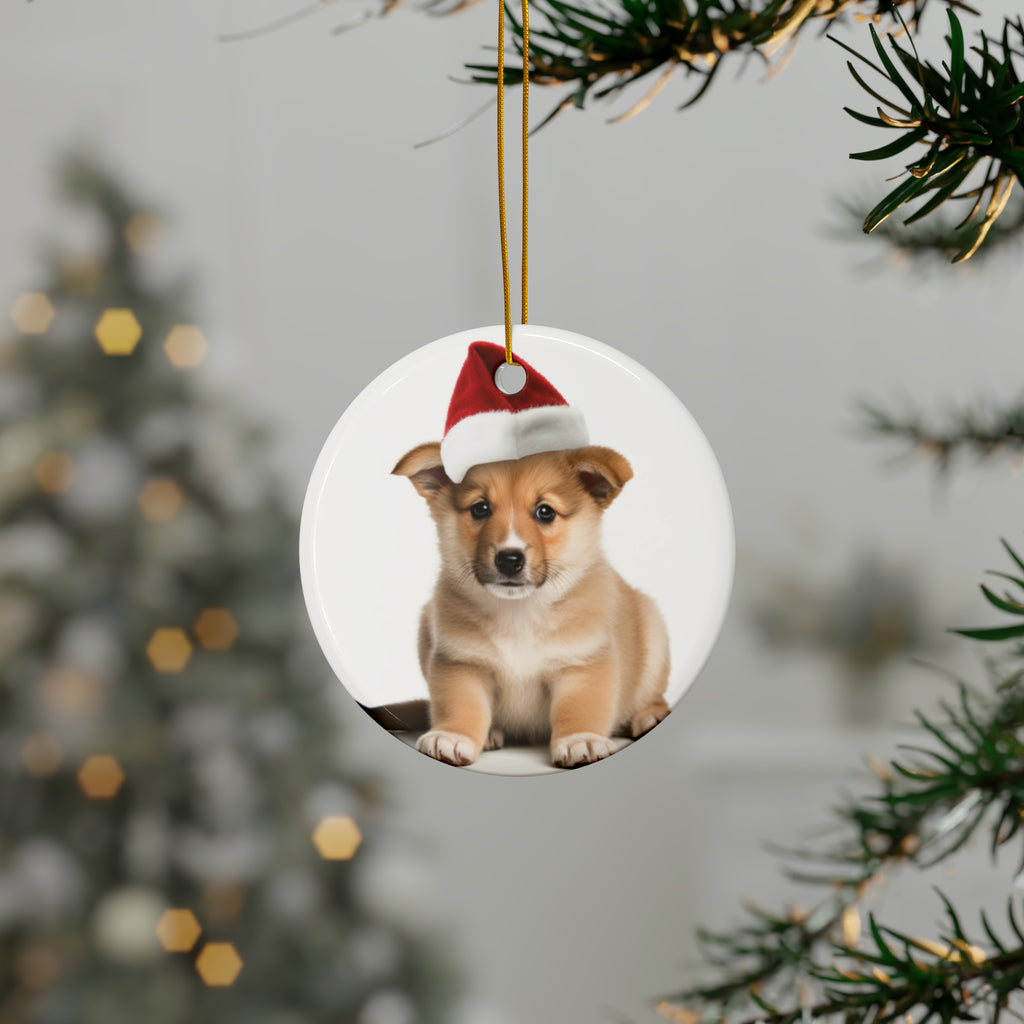 Hanging Ceramic Christmas Tree Ornament with Gold String - Norwegian Lundehund Puppy Design, view 3