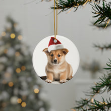DistinctInk Hanging Ceramic Christmas Tree Ornament with Gold String - Great Gift/Present - 2 3/4 inch Diameter - Norwegian Lundehund Puppy Design