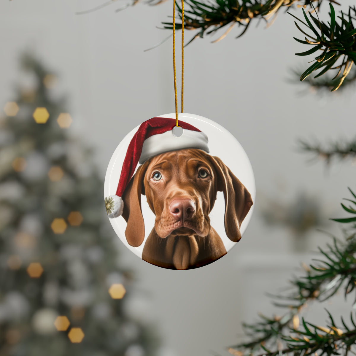 Hanging Ceramic Christmas Tree Ornament with Gold String - Vizsla Puppy Design, view 3
