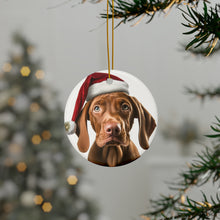 DistinctInk Hanging Ceramic Christmas Tree Ornament with Gold String - Great Gift/Present - 2 3/4 inch Diameter - Vizsla Puppy Design