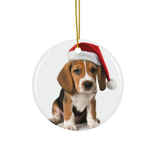 DistinctInk Hanging Ceramic Christmas Tree Ornament with Gold String - Great Gift/Present - 2 3/4 inch Diameter - English Foxhound Puppy Design