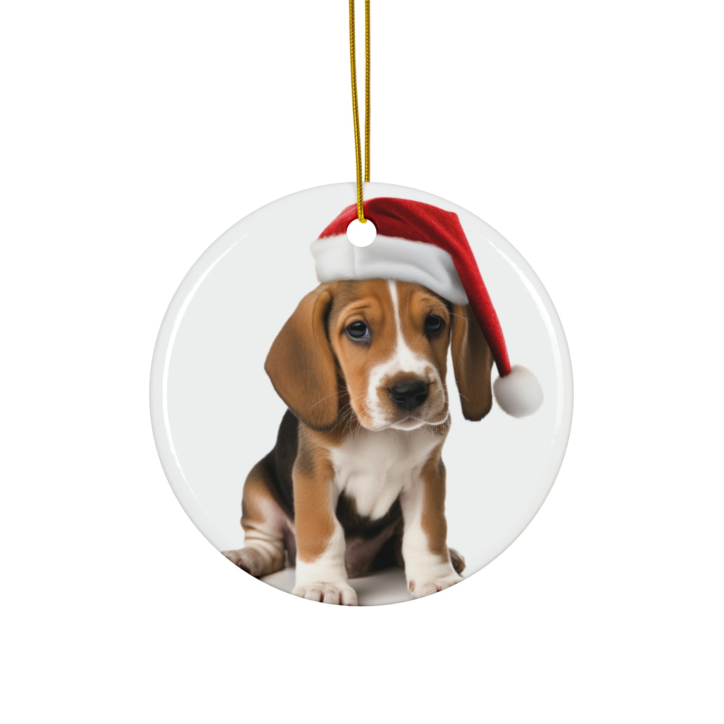 DistinctInk Hanging Ceramic Christmas Tree Ornament with Gold String - Great Gift/Present - 2 3/4 inch Diameter - English Foxhound Puppy Design