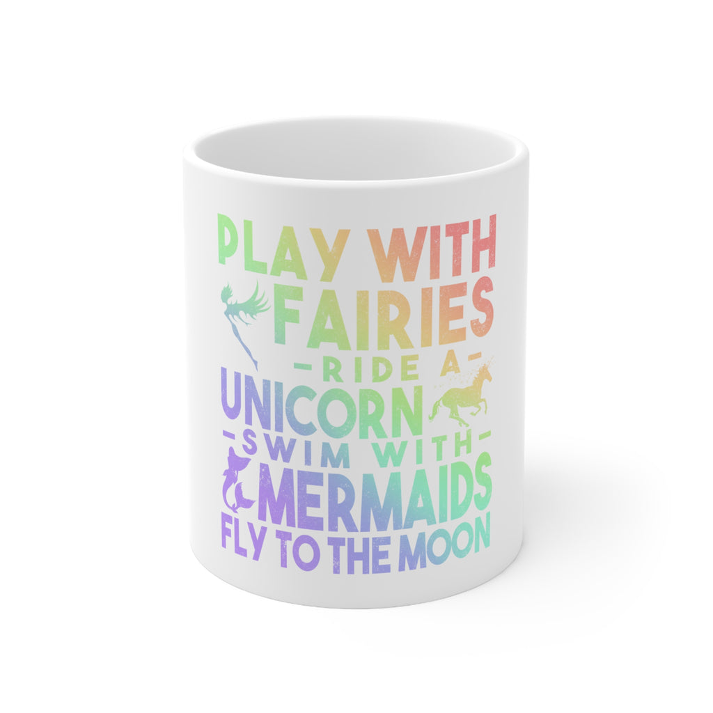 Glossy White Coffee / Tea Mug - Play With Fairs Ride Unicorn Mermaids Moon