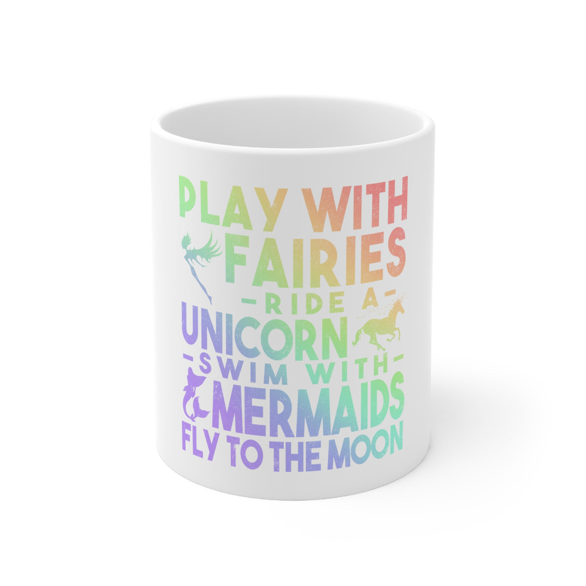 Glossy White Coffee / Tea Mug - Play With Fairs Ride Unicorn Mermaids Moon