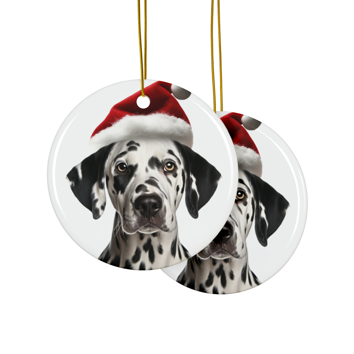Hanging Ceramic Christmas Tree Ornament with Gold String - Dalmatian Design, view 2