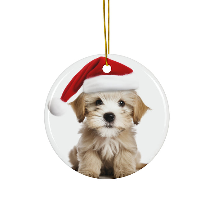 DistinctInk Hanging Ceramic Christmas Tree Ornament with Gold String - Great Gift/Present - 2 3/4 inch Diameter - Dandie Dinmont Terrier Puppy Design