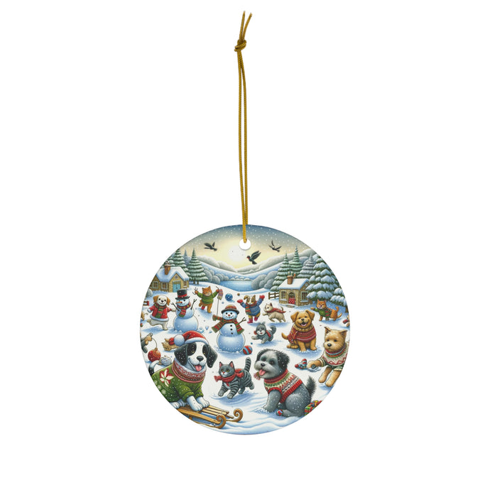 DistinctInk Hanging Ceramic Christmas Tree Ornament Charm with Gold String - Great Gift/Present - 2 3/4 inch Diameter - Winter Wonderland for Pets