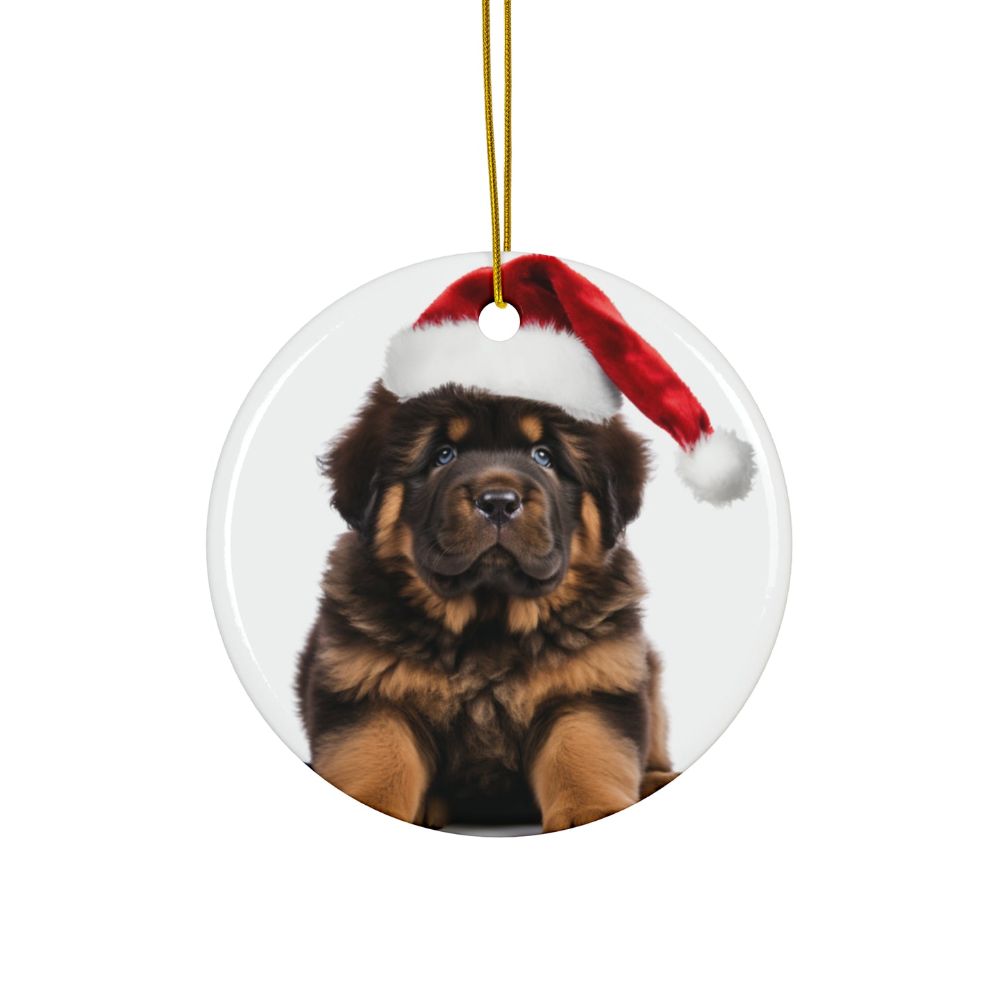 DistinctInk Hanging Ceramic Christmas Tree Ornament with Gold String - Great Gift/Present - 2 3/4 inch Diameter - Tibetan Mastiff Puppy Design