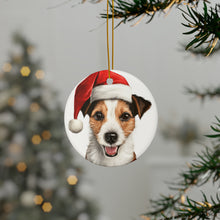 DistinctInk Hanging Ceramic Christmas Tree Ornament with Gold String - Great Gift/Present - 2 3/4 inch Diameter - Russell Terrier Design