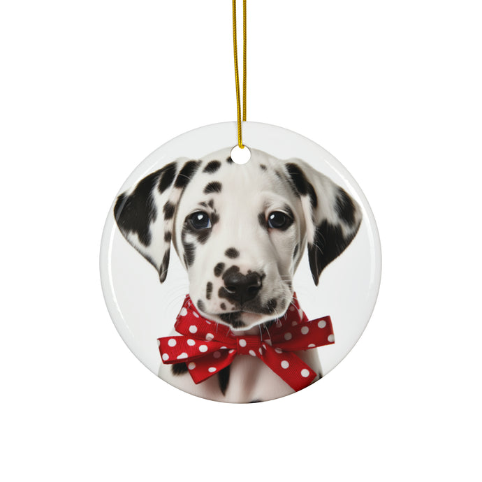 DistinctInk Hanging Ceramic Christmas Tree Ornament with Gold String - Great Gift/Present - 2 3/4 inch Diameter - Dalmatian Puppy Design
