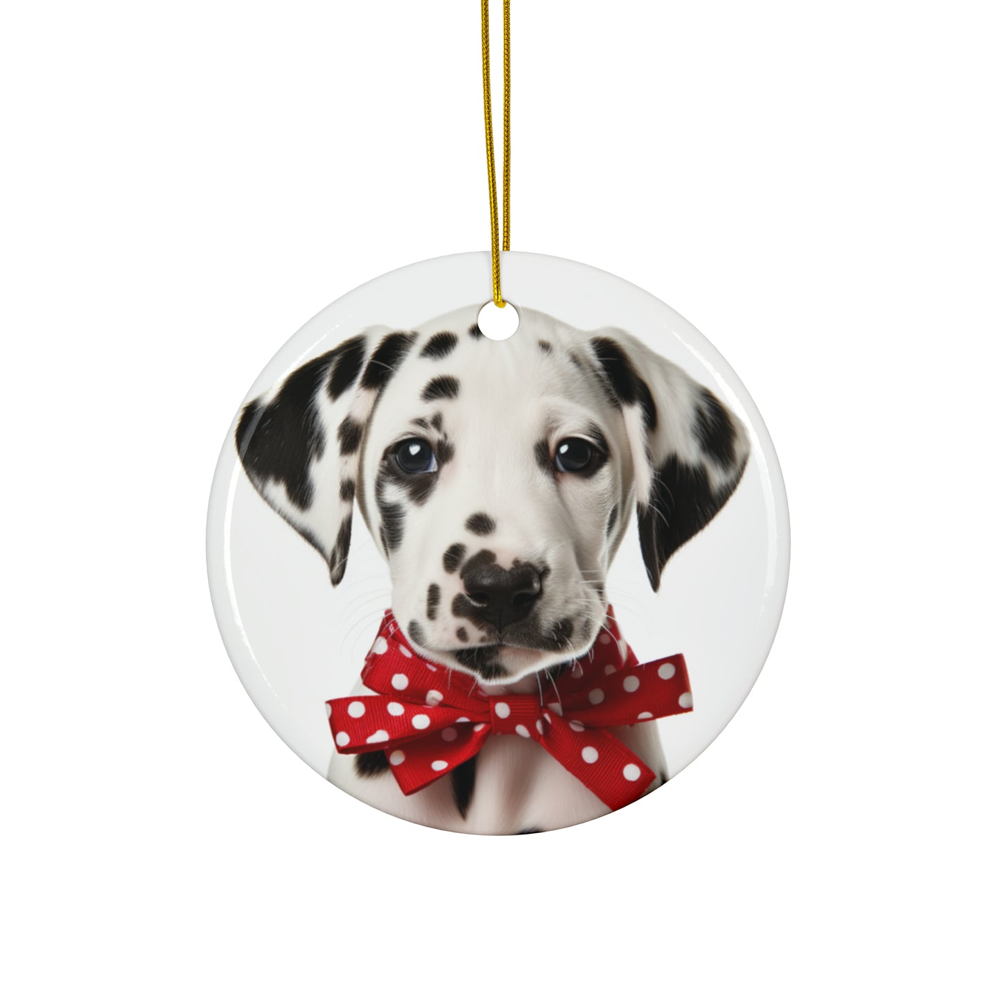 DistinctInk Hanging Ceramic Christmas Tree Ornament with Gold String - Great Gift/Present - 2 3/4 inch Diameter - Dalmatian Puppy Design