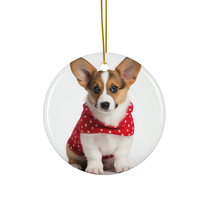 DistinctInk Hanging Ceramic Christmas Tree Ornament with Gold String - Great Gift/Present - 2 3/4 inch Diameter - Cardigan Welsh Corgi Puppy Design