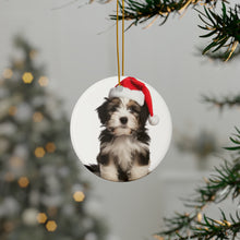 DistinctInk Hanging Ceramic Christmas Tree Ornament with Gold String - Great Gift/Present - 2 3/4 inch Diameter - Tibetan Terrier Puppy Design
