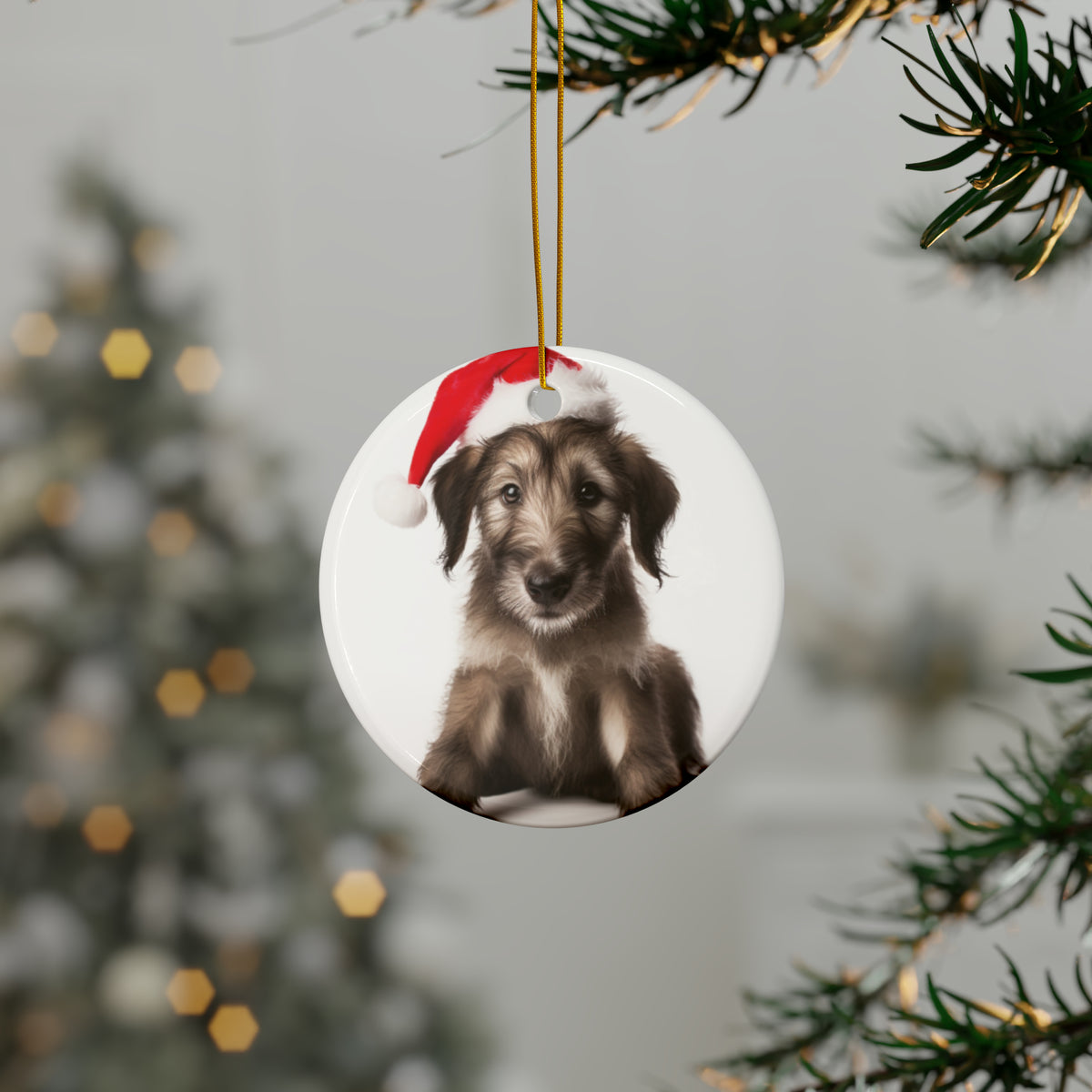 Hanging Ceramic Christmas Tree Ornament with Gold String - Irish Wolfhound Puppy Design, view 3
