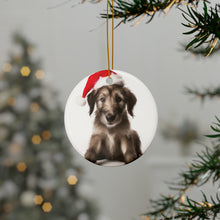 DistinctInk Hanging Ceramic Christmas Tree Ornament with Gold String - Great Gift/Present - 2 3/4 inch Diameter - Irish Wolfhound Puppy Design