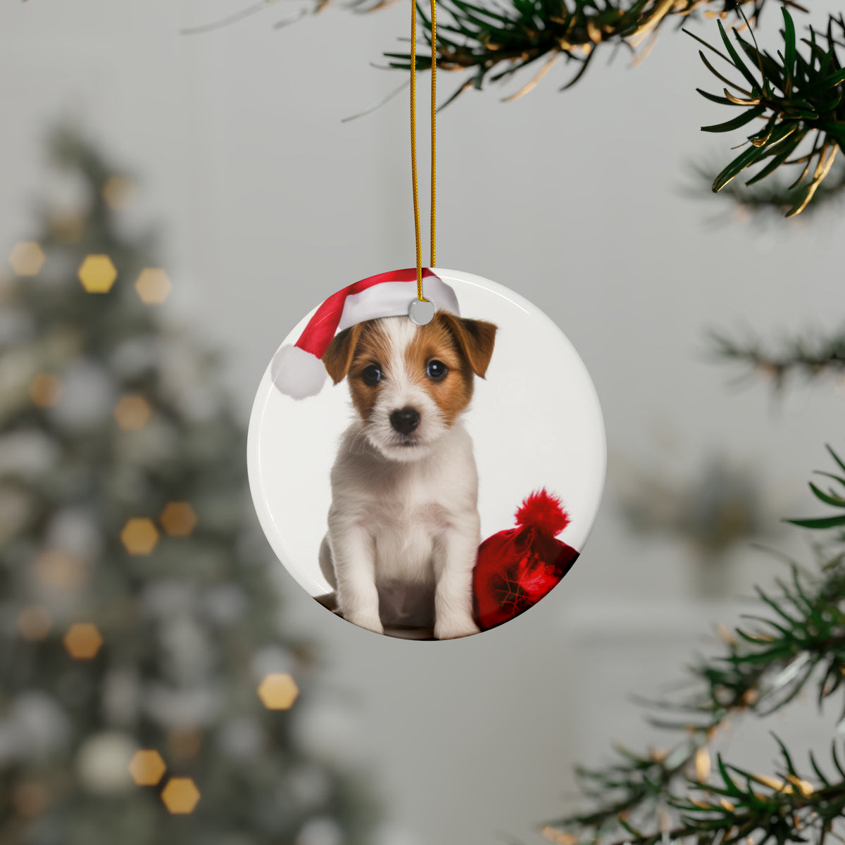 Hanging Ceramic Christmas Tree Ornament with Gold String - Parson Russell Terrier Puppy Design, view 3