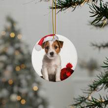 DistinctInk Hanging Ceramic Christmas Tree Ornament with Gold String - Great Gift/Present - 2 3/4 inch Diameter - Parson Russell Terrier Puppy Design