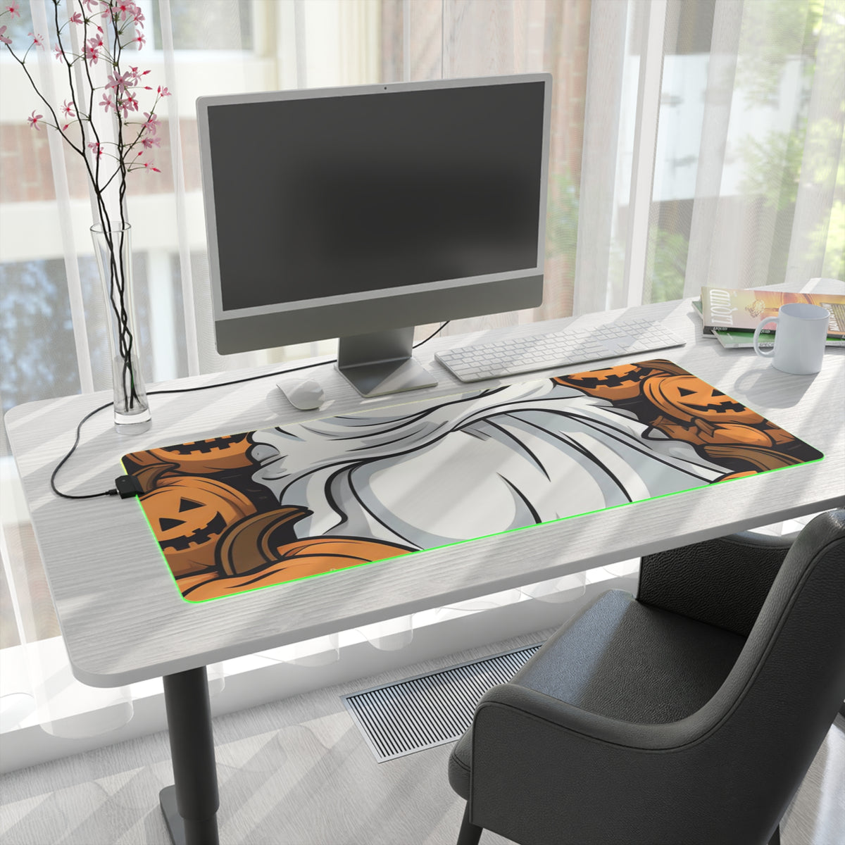 LED Gaming Mouse Pad with Skeletal Ghostly Pumpkin Patch Design for Halloween, view 28