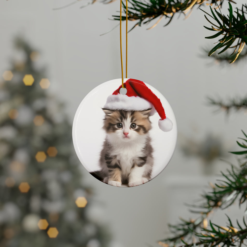 Hanging Ceramic Christmas Tree Ornament with Gold String - American Curl Kitten Design, view 3