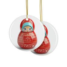 DistinctInk Hanging Ceramic Christmas Tree Ornament with Gold String - Great Gift/Present - 2 3/4 inch Diameter - Russian Toy Design