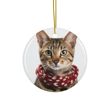 DistinctInk Hanging Ceramic Christmas Tree Ornament with Gold String - Great Gift/Present - 2 3/4 inch Diameter - Savannah Cat Design