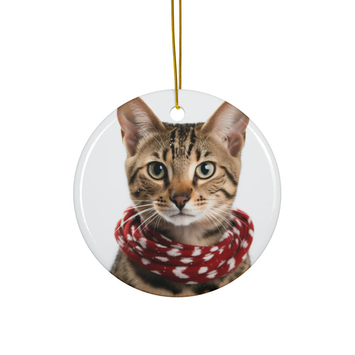 DistinctInk Hanging Ceramic Christmas Tree Ornament with Gold String - Great Gift/Present - 2 3/4 inch Diameter - Savannah Cat Design